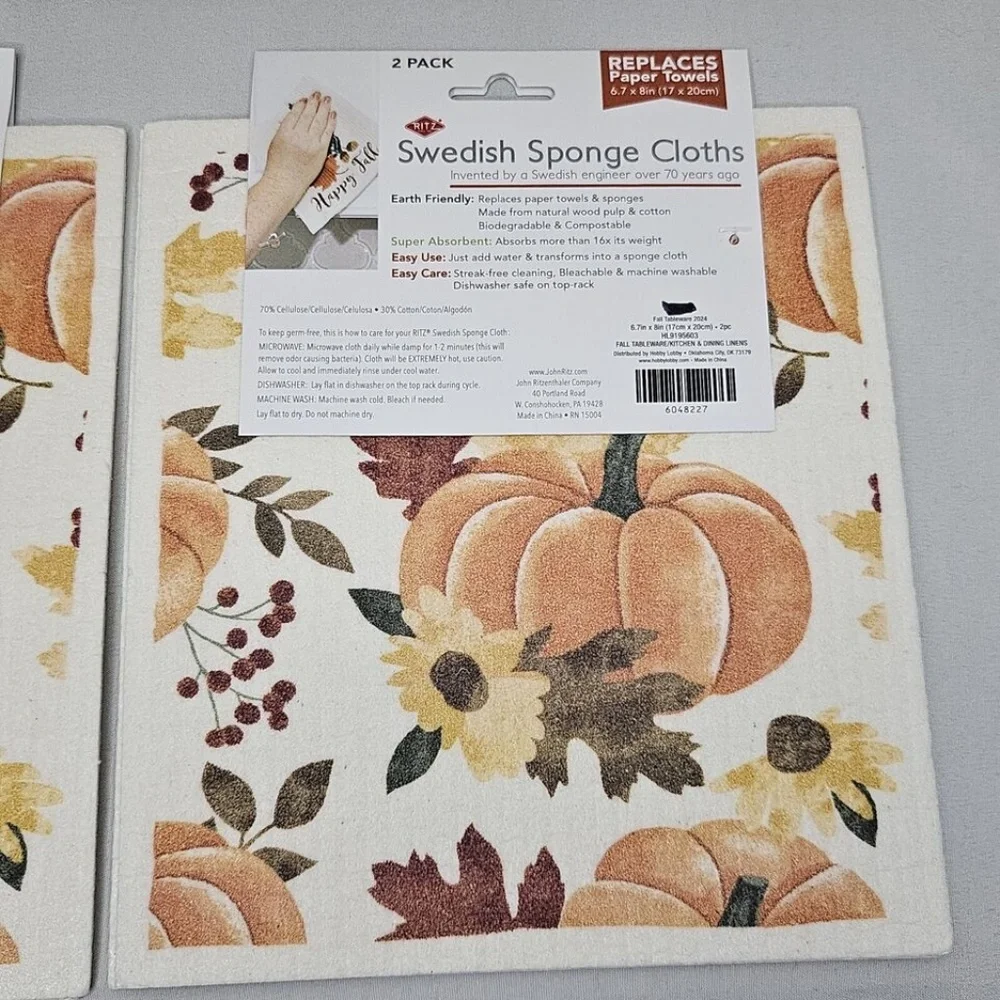 New Set of 2 Ritz Swedish Sponge Cloth 2 packs Fall Leaves Pumpkins 6.7